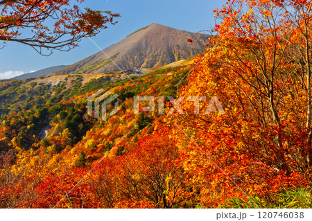 福島県福島市 高湯温泉と土湯峠を結ぶ磐梯吾妻スカイライン 天狗の庭付近の鮮やかな紅葉と吾妻小富士 福島県福島市 高湯温泉と土湯峠を結ぶ磐梯吾妻スカイライン 天狗の庭付近の鮮やかな紅葉と吾妻小富士 120746038