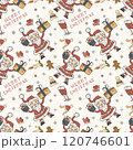 Christmas color seamless contour illustration in the style of childrens doodle Santa Claus holds gifts 120746601