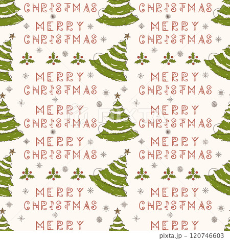 Christmas color seamless contour illustration in the style of childrens doodles Festive fir tree and greeting inscription 120746603