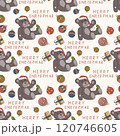 Christmas seamless color contour illustration in the style of childrens doodle a bear toy in a Santa hat 120746605