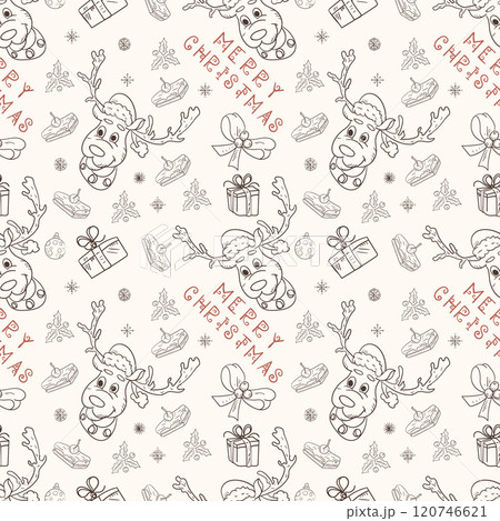 Christmas seamless contour illustration in the style of childrens doodle Christmas deer Christmas seamless contour illustration in the style of childrens doodle Christmas deer 120746621