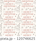 Christmas seamless contour illustration in the style of childrens doodles Festive fir tree and greeting inscription 120746625
