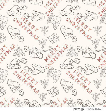Christmas seamless contour illustration in the style of childrens doodles gift socks and Santa hat Christmas seamless contour illustration in the style of childrens doodles gift socks and Santa hat 120746626
