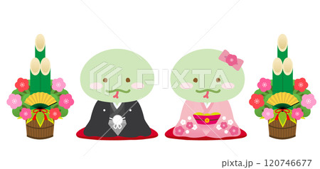 着物姿のかわいい干支シリーズ 巳年カップルと正月飾りの門松 蛇/男女/新年のご挨拶 着物姿のかわいい干支シリーズ 巳年カップルと正月飾りの門松 蛇/男女/新年のご挨拶 120746677