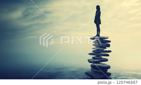 Solitary figure stands atop a rock stack overlooking a misty sea. 120746887