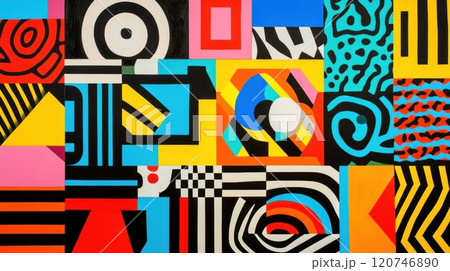 Vibrant abstract collage with geometric shapes and patterns in bold colors. 120746890