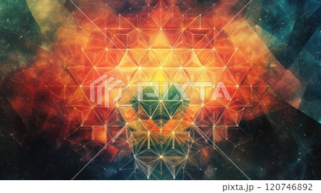 Abstract cosmic artwork with geometric patterns and vibrant colors. 120746892