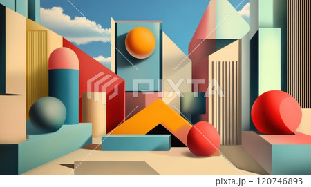 Abstract geometric cityscape with vibrant colors and 3D shapes under a sunny sky. 120746893