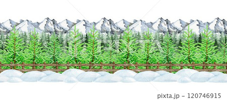 Winter season conifer forest, rustic fence, snow piles mountain range seamless border on white background. Hand drawn nature illustration. Perfect for holiday designs, cards, and festive decorations Winter season conifer forest, rustic fence, snow piles mountain range seamless border on white background. Hand drawn nature illustration. Perfect for holiday designs, cards, and festive decorations 120746915