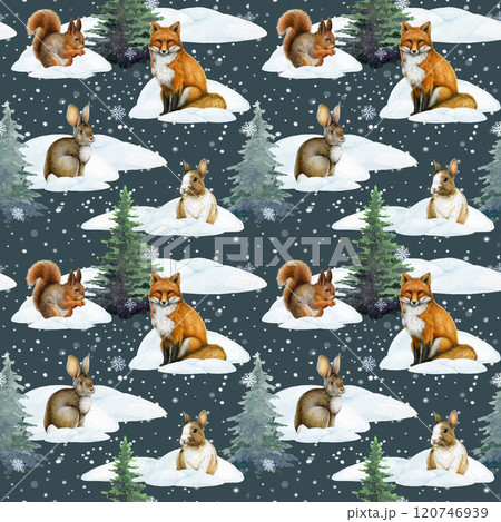 Winter season forest animals seamless pattern hand painted illustration. Winter time fox, squirrel, rabbit animals in snow piles with conifer trees. Perfect for wildlife nature mood bright decoration Winter season forest animals seamless pattern hand painted illustration. Winter time fox, squirrel, rabbit animals in snow piles with conifer trees. Perfect for wildlife nature mood bright decoration 120746939