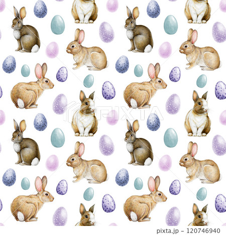 Easter seamless pattern with cute bunnies and colorful painted eggs on white background. Perfect for spring mood decor, Easter backgrounds, gift wrap and holiday-themed festive designs Easter seamless pattern with cute bunnies and colorful painted eggs on white background. Perfect for spring mood decor, Easter backgrounds, gift wrap and holiday-themed festive designs 120746940