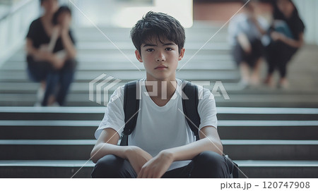 階段に座る若い少年 120747908