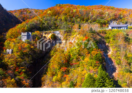 福島県福島市　高湯温泉と土湯峠を結ぶ磐梯吾妻スカイライン　滝が流れる不動沢（つばくろ谷）の紅葉 120748038