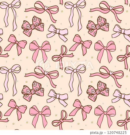 Cute Coquette ribbon bow seamless pattern doodle hand drawn isolated on background Cute Coquette ribbon bow seamless pattern doodle hand drawn isolated on background 120748225