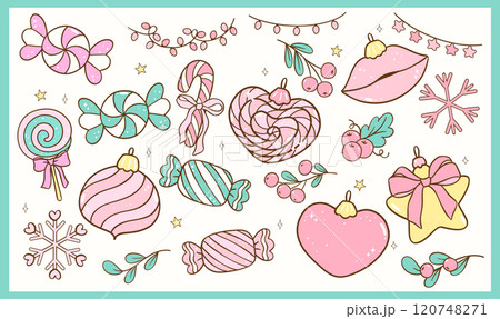 Set of Pastel Coquette Christmas Decorative Ornaments, Pinik and Mint Green Doodle Hand Drawn 120748271