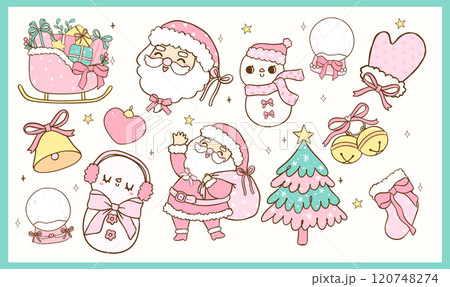 Set of Pastel Coquette Christmas Santa and Snowman, Pinik and Mint Green Doodle Hand Drawn Set of Pastel Coquette Christmas Santa and Snowman, Pinik and Mint Green Doodle Hand Drawn 120748274