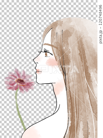 拿著花的女人的側面影像 120748496