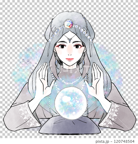 A woman fortune teller holds her hand over a crystal 120748504