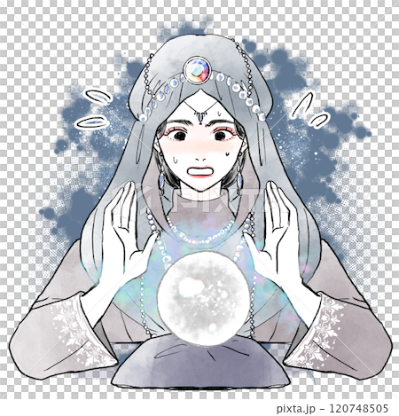 A female fortune teller is surprised as she holds her hand over a crystal 120748505