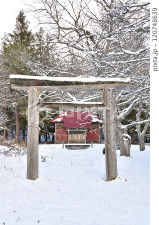 冬の北海道森町で宿野辺神社境内の雪景色を撮影 120748639