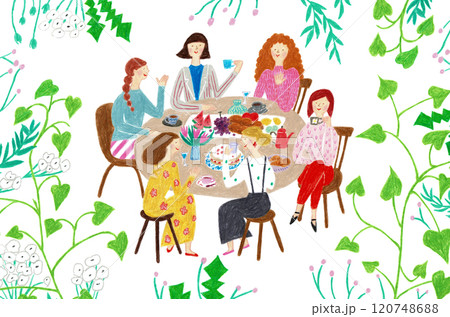 手描きイラスト 緑の中、テーブルを囲んで食事をする女性たち 手描きイラスト 緑の中、テーブルを囲んで食事をする女性たち 120748688