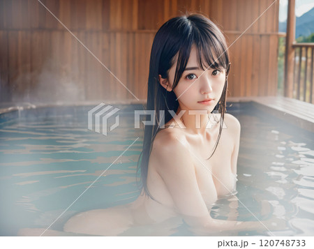 青空の温泉露天風呂に入浴中の若い女性 120748733