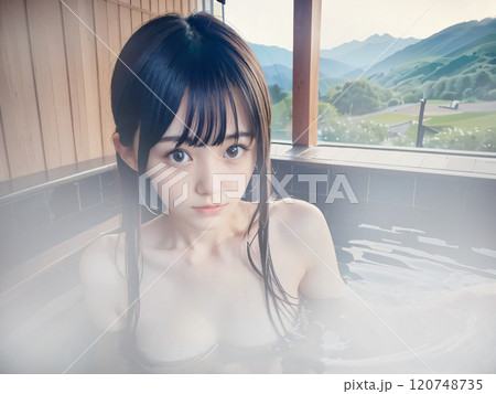 青空の温泉露天風呂に入浴中の若い女性 120748735