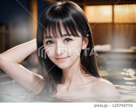 夜の温泉露天風呂に入浴中の若い女性 夜の温泉露天風呂に入浴中の若い女性 120748750
