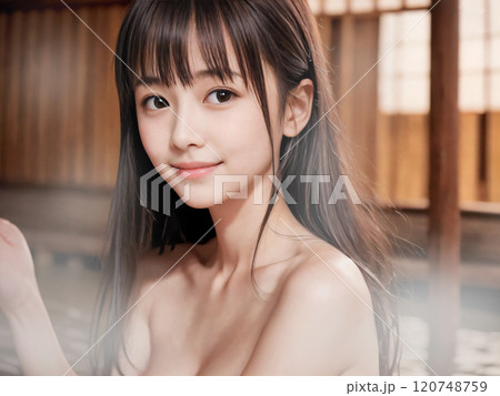 夜の温泉露天風呂に入浴中の若い女性 夜の温泉露天風呂に入浴中の若い女性 120748759