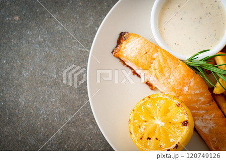 fried salmon fish and chips fried salmon fish and chips 120749126