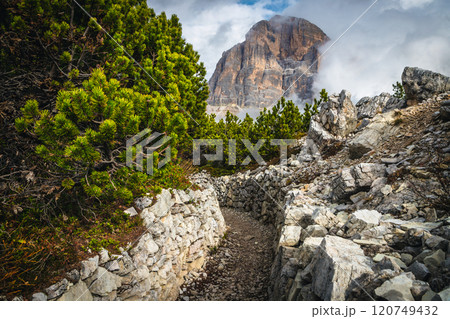 World war ruins with paved trenches in the Dolomites, Italy 120749432