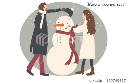 冬の寒い日に雪だるまを作っている若いカップルの手描きイラスト 120749537