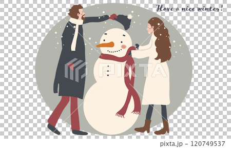 一對年輕夫婦在寒冷的冬日堆雪人的手繪插圖 120749537