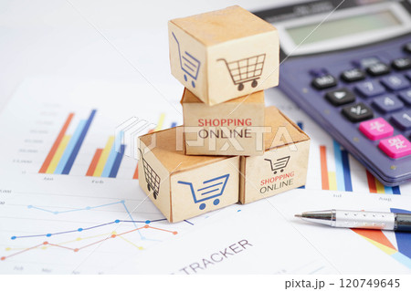 Online shopping, Shopping cart box on business graph, import export, finance commerce. 120749645