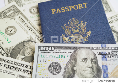 US passport issued to citizen and national of the United States of America to travel in most countries outside with USA flag and dollar money. 120749646