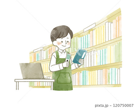 蔵書点検をしているエプロンを着用した男性-水彩 120750007