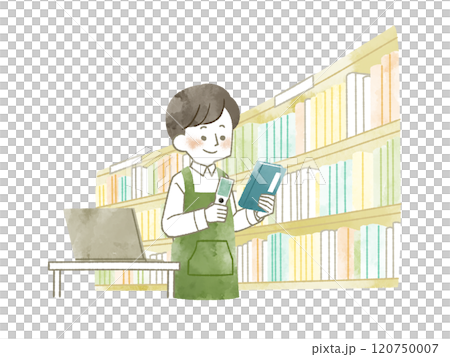 蔵書点検をしているエプロンを着用した男性-水彩 120750007