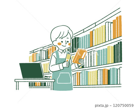 蔵書点検をしているエプロンを着用した男性-4色 120750059