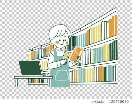 一個穿著圍裙的男人檢查藏書 - 4 種顏色 一個穿著圍裙的男人檢查藏書 - 4 種顏色 120750059