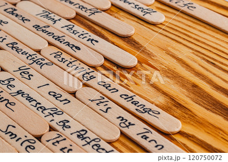 Positive thoughts for increasing selfesteem on wooden posts on wooden background Positive thoughts for increasing selfesteem on wooden posts on wooden background 120750072