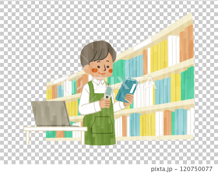 蔵書点検をしているエプロンを着用した男性-ガッシュ 蔵書点検をしているエプロンを着用した男性-ガッシュ 120750077