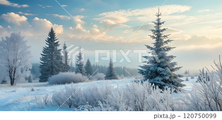 Winter landscape with frosted trees and a serene sky at dusk 120750099