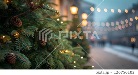 Christmas fir branches adorned with bokeh lights in winter ambiance 120750102
