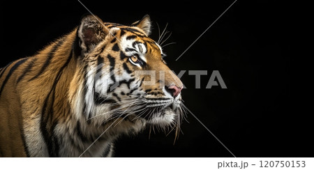 Majestic tiger displaying its striking features against a dark background 120750153