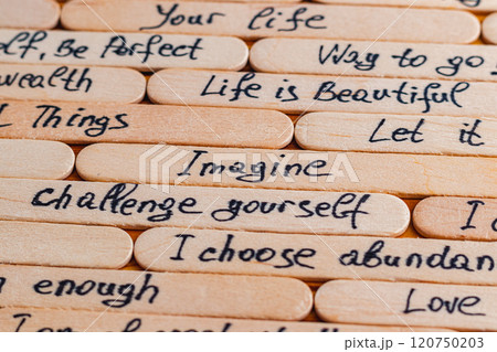 Positive thoughts for increasing selfesteem on wooden posts on wooden background Positive thoughts for increasing selfesteem on wooden posts on wooden background 120750203
