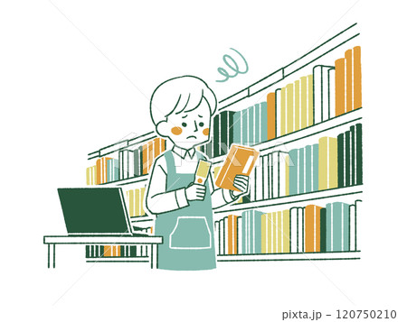 困った表情で蔵書点検をしているエプロンを着用した男性-4色 困った表情で蔵書点検をしているエプロンを着用した男性-4色 120750210