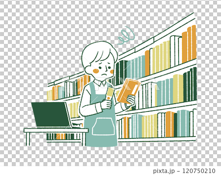 一個穿著圍裙的男人帶著困惑的表情檢查藏書 - 4 種顏色 120750210