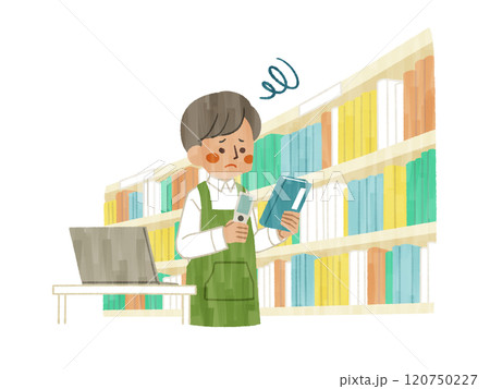 困った表情で蔵書点検をしているエプロンを着用した男性-ガッシュ 困った表情で蔵書点検をしているエプロンを着用した男性-ガッシュ 120750227
