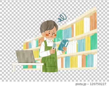 困った表情で蔵書点検をしているエプロンを着用した男性-ガッシュ 困った表情で蔵書点検をしているエプロンを着用した男性-ガッシュ 120750227