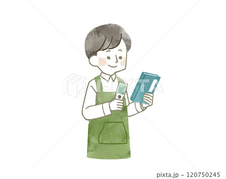 本とハンディターミナルを持っているエプロンを着用した男性-水彩 本とハンディターミナルを持っているエプロンを着用した男性-水彩 120750245